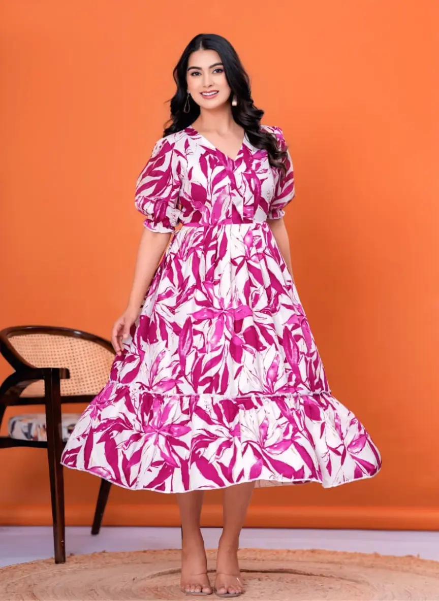 Floral Printed Tiered Midi Dress – Puff Sleeve