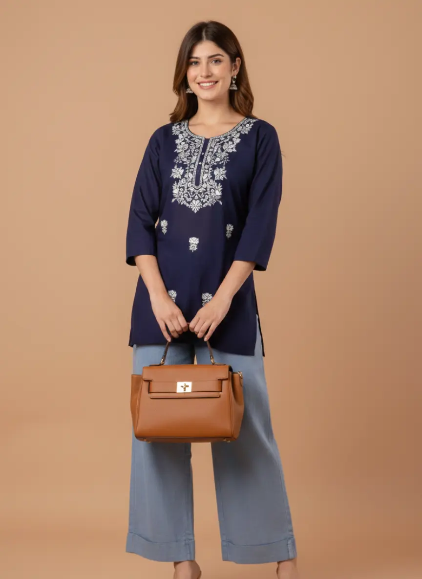 Navy Blue Rayon Embroidered Kurti