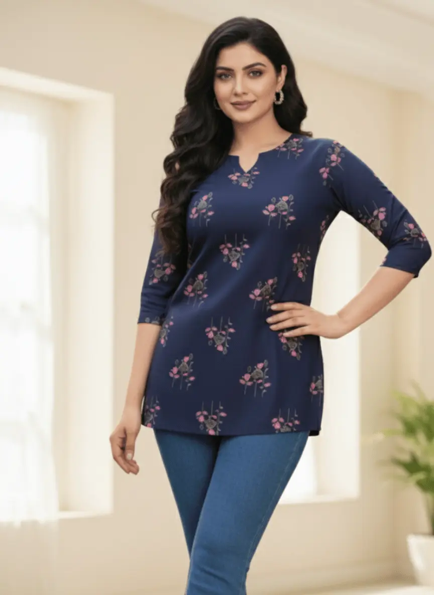 Navy Blue Floral Rayon Tunic Top for Women