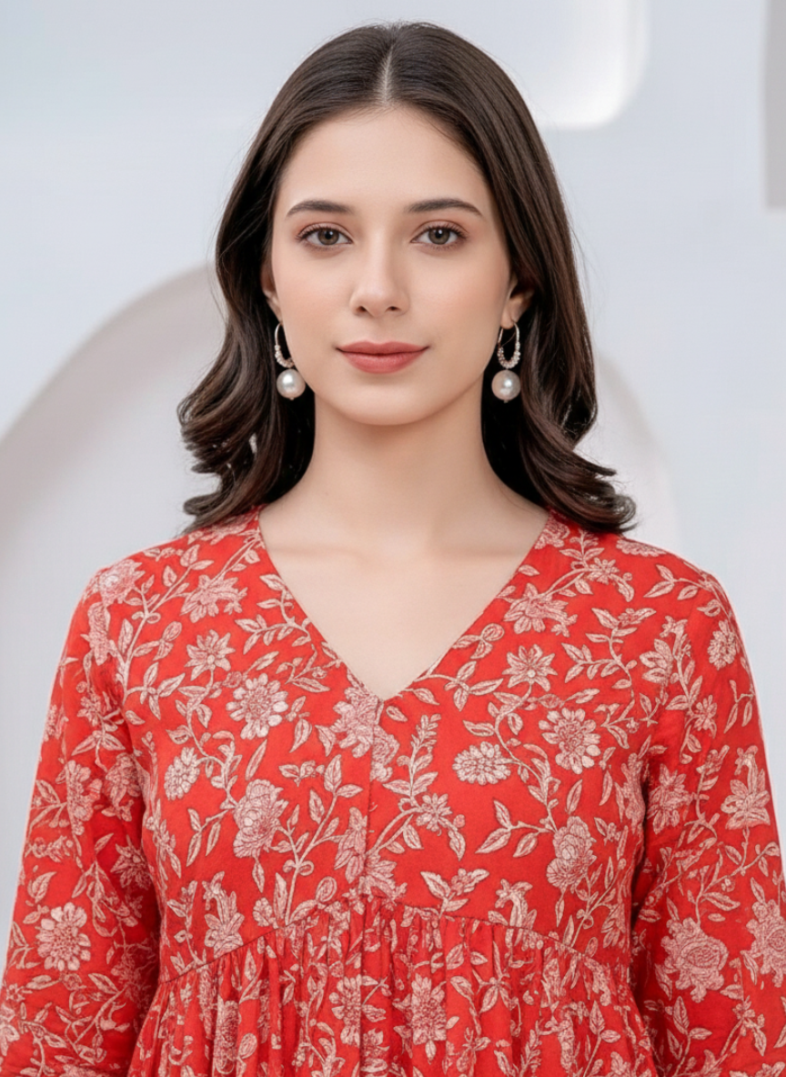 Cotton Red Floral Printed Long Sleeve Tunic Top