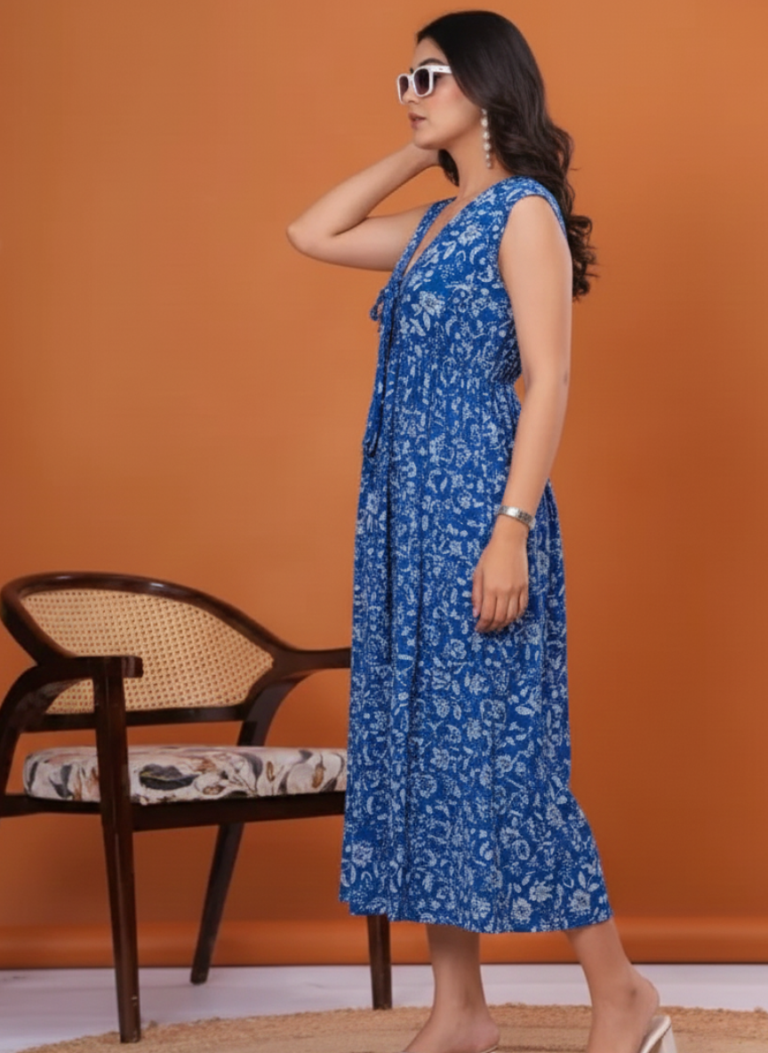 Cotton Blue Floral Midi Dress