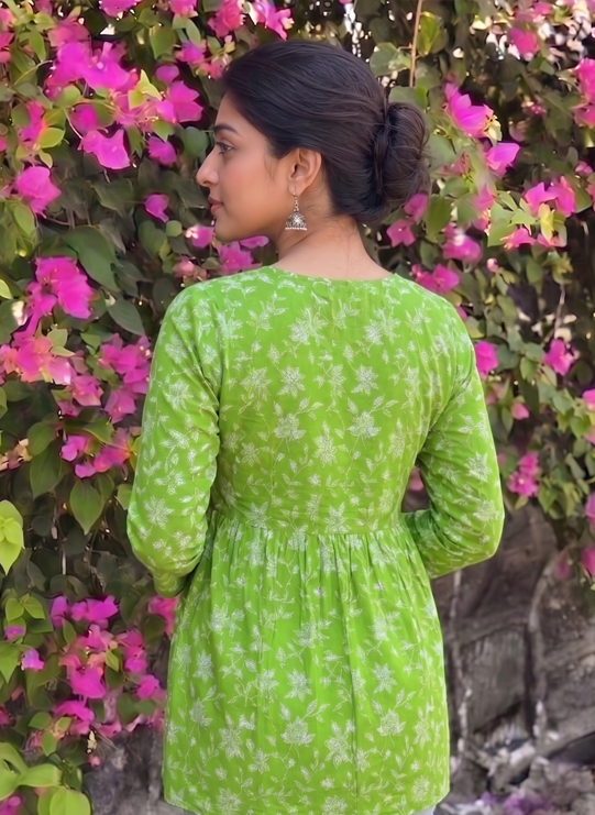 Green Floral Printed Cotton Tunic Top for Women | Long Sleeve Casual & Office Wear Top